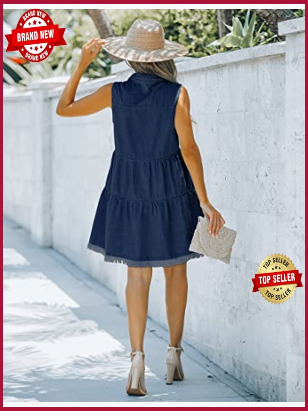 Casual Summer Lapel Sleeveless Button Down Short Denim Jean Dress - Picture 6 of 7